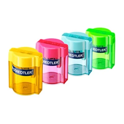 Bild av Staedtler Doppelspitzdose Superjumbo, 2 Anspitzlöcher für verschiedene Buntstiftformate, Verschlussdeckel, Etui mit 10 Anspitzern in verschiedenen Farben, 513 001