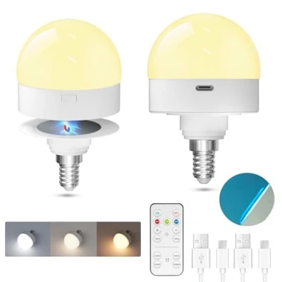 Bild av TobeBright USB C uppladdningsbar glödlampa med fjärrkontroll, E14 lampsockel 3 färgtemperaturer dimbar batteri magnet, för nödbelysning, camping, nattbelysning (2 stycken)