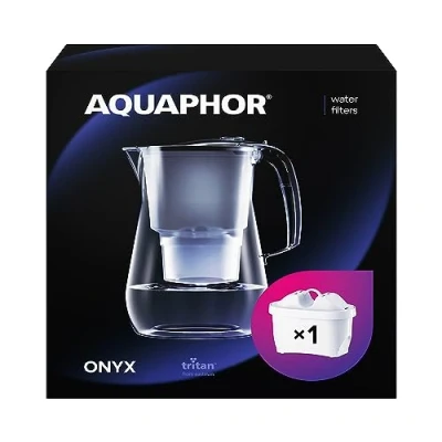Bild av AQUAPHOR Vattenfilter Onyx Svart inklusive 1 MAXFOR+ Filter I med glasoptik för 4,2 liter Karaff Minskar kalk och klor Perfekt familjen Premiumkvalitet Stilig behållare