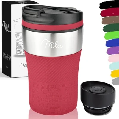 Bild av Milu thermo mugg isolerad kaffe to go 210 ml 100% läckagesäker drickmugg i rostfritt stål bilmugg dubbelväggig isolering termisk resemugg (röd)