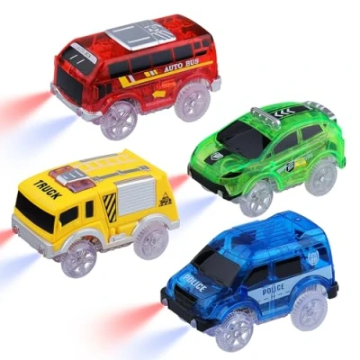 Bild av sikkeby Tracks bilar ersätter endast magiska leksaker glow in the dark, racerbil med 5 blinkande LED lampor kompatibel de flesta spår barn, pojkar och flickor (4 pack)