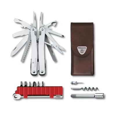 Bild av VICTORINOX multifunktionsverktyg Swiss Tool Spirit X Plus Ratchet, 36 funktioner, Made, multiverktyg med låsblad, inklusive läderfodral, silver