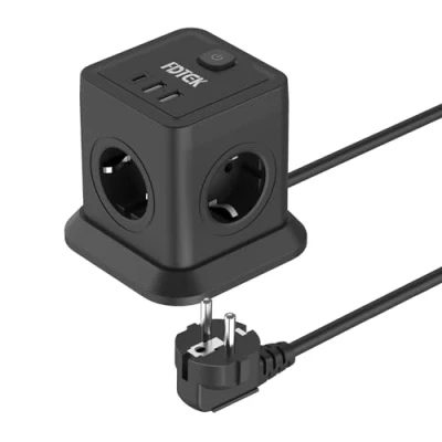 Bild av FDTEK uttagskub med 3 USB A (5 V/3,1 A) grenuttag strömbrytare 4 vägs kub flera uttag (2 500 W/10 kontakter 1,8 m förlängningskabel för hem och resor