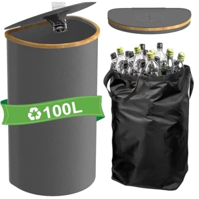 Bild av Xgummi 100 l pantflaskor, samlarbehållare, D form, flasksamlare med hål och lock, behållare för plastflaskor, burkar, glasflaskor (grå, 30 pantflaskor)