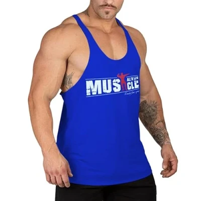 Bild av Herr Gym Bodybuilding Linne Stringer Vest Kondition Träna Sportkläder Bomull Blå L
