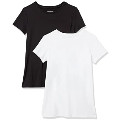 Bild av Amazon Essentials Dames Tech stretchig kortärmad T shirt med rund hals (finns i plusstorlek), 2 Pack, Svart/Vit, XS