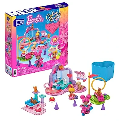 Bild av MEGA Barbie Color Reveal byggleksaker, Train ’n Wash husdjur och 2 mikrodockor, tillbehör, 6 husdjur, färgförändringsfunktion 15 överraskningar, HHP89