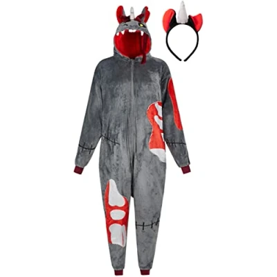 Bild av corimori Fluffig zombie enhörningskostym för vuxna med hårband Halloweenkostym onesie kvinnor, män längd 180190 cm