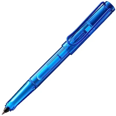 Bild av Lamy Balloon rollerball 311 helt transparent i blått med distinkt handtag och pulverlackerad metallklämma bläckpatron linjebredd B