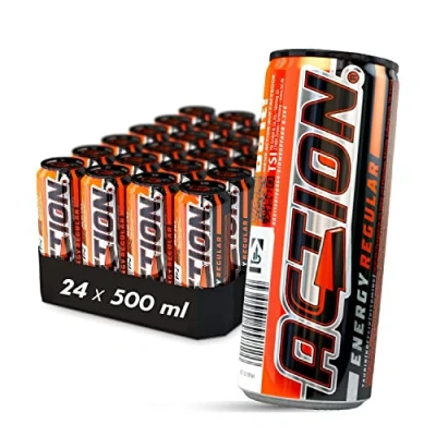 Bild av ACTION Energy Regular Engångs, 24 x 500 ml, inklusive pand, taurin, klassisk energidryck med Tutti Frutti smak, stor burk