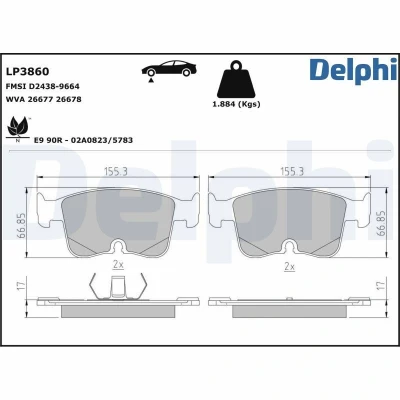 Bild av DELPHI Bromsbeläggssats, skivbroms LP3860 AUDI [A3]; VW [CADDY, GOLF]