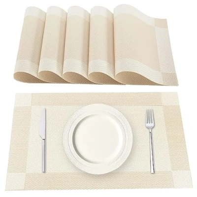 Bild av Lumaca Tvättbara Bordstabletter, set med 6 Frukostunderlägg i 70% PVC och 30% Polyester, Halkfri, Värmebeständig, för Köksbord, Beige