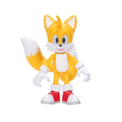Bild av Sonic The Hedgehog 3 Movie Tails Collector leksaksfigur av Jakks Pacific, står 5 tum/13 cm lång, mycket artikulerad för pojkar/flickor, officiellt licensierad film, föreslagen åldrarna 3+