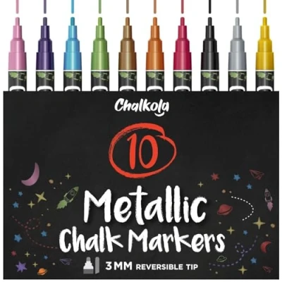 Bild av Metallic Liquid Chalk Markers Fine Tip Dry Erase Marker Pen for Chalkboard Signs, Windows, Blackboard, Glass 3mm Reversible (10 Pack) 50 Labels Included