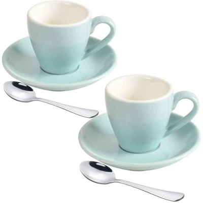 Bild av ionEgg espressokopp i porslin med fat och miniskedar rostfritt stål, för kaffekopp, 80 ml/76,5 g, 2 pack, blå