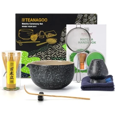 Bild av Japansk teuppsättning (7st) Matcha Whisk Set Bowl with Pouring Spout Bamboo (chasen) Scoop (chashaku) Holder Tea Making Kit. N17, Charcoal Grey, grönt tepulver