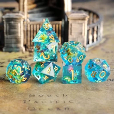 Bild av Elifel DND tärningsset, 7 st blommor, D4, D6, D8, D10, D% D12, D20, handgjord, konstharts, skarpkantiga D &amp; kuber för dungeons och dragons pathfinder, rollspel, bordsspel, RPG MTG spel med