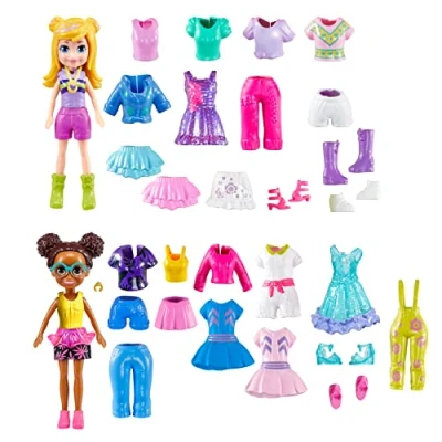 Bild av Polly Pocket Sparkle Cove Adventure Fashion Box med 4 minifigurer (8 Cm), kläder och tillbehör, mer än 45 stycken, barnleksak, från år, HKW10
