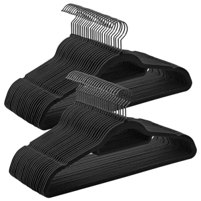 Bild av Songmics klädhängare i sammet, set om 50, hängare, halkfri, liten stång för slipsar, 360 vridbar krok, 0,6 cm tjock, utrymmesbesparande, 43,5 lång, rockar, byxor, svart CRF021B02