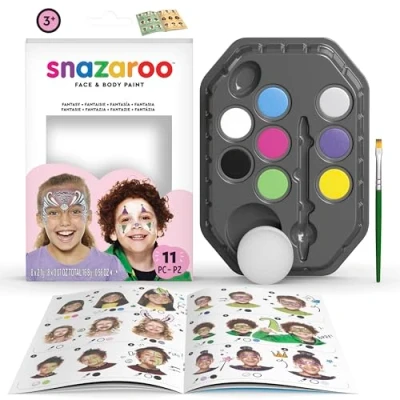 Bild av Snazaroo Fantasy Ansiktsfärgspalettkit för barn och vuxna, 8 färger, 11 st, borste, svamp, guide, vattenbaserad, lätt tvättbar, giftfri, smink, kroppsmålning fester, åldrarna 3+