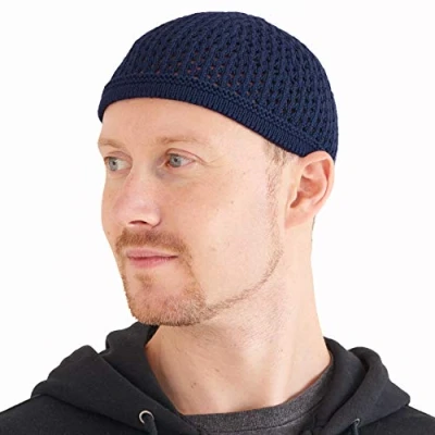 Bild av CHARM Stickad bomull skalle mössa Kufi islam bön hatt virkad mesh män huvudbonader för varje tid, marinblå, one size
