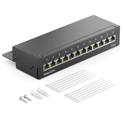 Bild av deleyCON CAT 6 Patch Panel Distributionspanel 12 Port Skrivbord och Väggfäste Skärmad 12x RJ45 Hona TIA568A TIA568B Svart