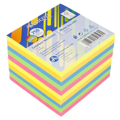 Bild av Westcott färgglada Anteckningsblock 750 ark påfyllningspaket med 9 x cm stora blad i 5 neonfärger påfyllningsset för dispenserbox FSC certifierat papper 75 g/m² E 1733229 00
