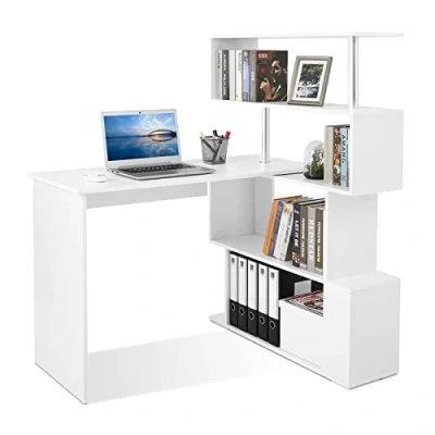 Bild av Meerveil Datorbord L format, hörnskrivbord, med 360 graders vridbar bokhylla för arbetsrum vardagsrum kontor 157 x 45 130,5 cm, vit