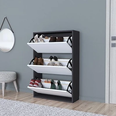 Bild av En.casa] Skoskåp Aurskog skoförvaring för 18 par skobyrå med 3 tippdörrar entré, hall 110 x 73,5 24 cm antracit/vit