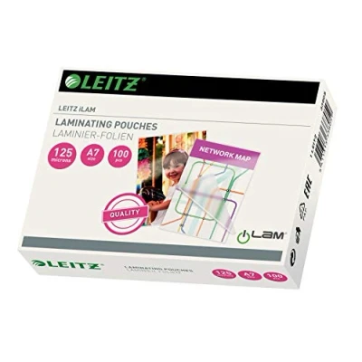 Bild av Leitz Varmlamineringsfolier A7 125 mic, högkvalitativa lamineringsfilmer i 100 pack, med rundade hörn, transparent, glänsande, perfekt för kort, 33805