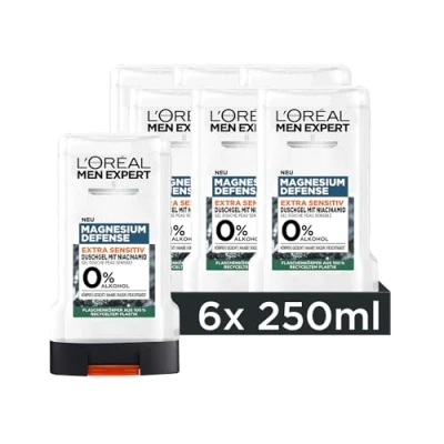 Bild av L&#039;Oréal män Expert Sensitiv duschgel och schampo för män, duschbad kropp, hår ansikte, kroppsvård känslig hud med niacinamid utan alkohol, magnesium Defense, 6 x 250 ml