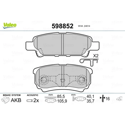 Bild av VALEO 598852 Jeu de plaquettes frein Essieu arrière contact signal d&#039;usure inclus avec tôle anti bruit CITROËN: C4 Aircross, C Crosser SUV