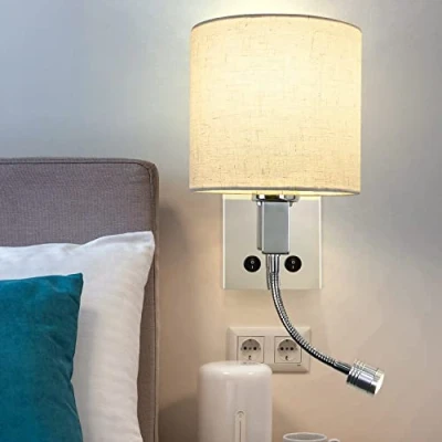 Bild av ZMH LED vägglampa med strömbrytare inomhus lä sovrum tygskärm vridbar sänglampa flexibel lampa tyg för säng vardagsrum hall hotell