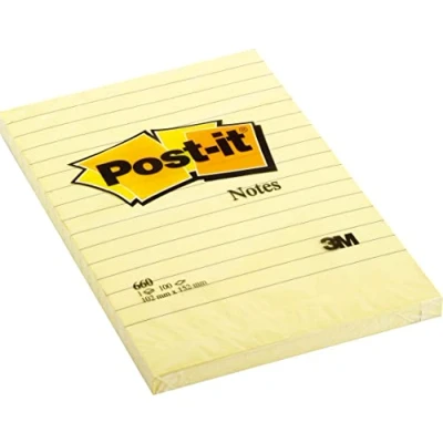Bild av Post it anteckningar i storformat, gul, linjerad, 6 block, 101 mm x 152 mm, 100 ark per block självhäftande anteckningspapplar för anteckning, att göra listor och som påminnelse