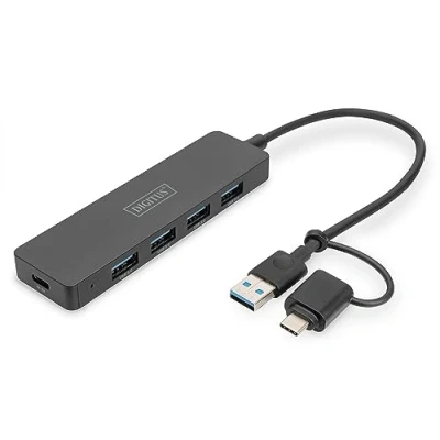Bild av DIGITUS Slim Line 4 Port USB 3.0 Hub 4x A 1x C strömkontakt upp till 5 Gbps inkl. adapter 0,2m kabellängd svart