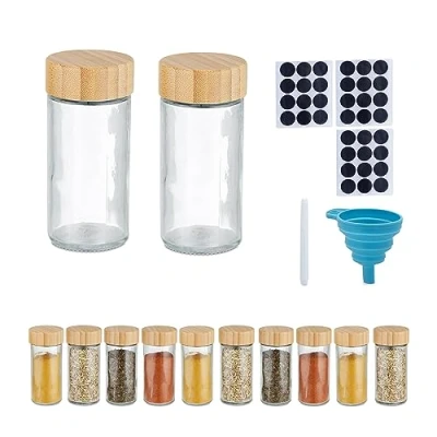 Bild av Relaxdays kryddburkar set om 12, ströinsats, med etiketter, H x D: 9,5 4,5 cm, bambu, transparent/natur, glas, silikon