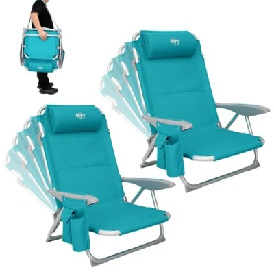 Bild av #WEJOY 4 positioners justerbar strandstol för vuxna, set med 2, hopfällbar låg strandstol, lätt och bärbar, hög ryggkudde, ficka, användning utomhus, i trädgård, liggande camping