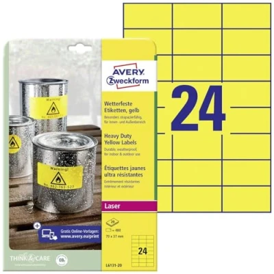 Bild av AVERY Specialform L6131 20 vädertåliga folieetiketter (70 x 37 mm på DIN A4, extremt starkt självhäftande, vattentät, tryckt utomhus självhäftande folie) 480 klistermärke ark gul