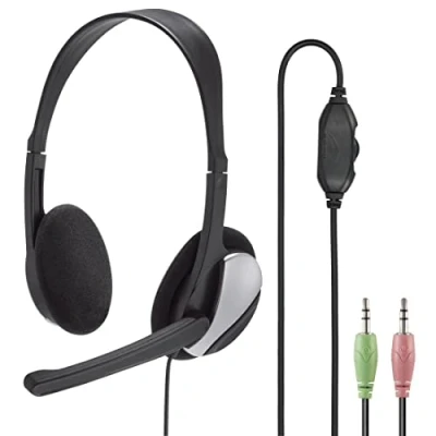Bild av Hama PC headset HS P100, ultralätt on ear stereo med mikrofon, volymkontroll på sladden, 2 m kabellängd, x 3,5 mm uttag, svart
