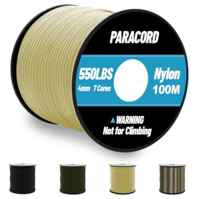 Bild av Omtofo 100 m paracord 550 nylonrep 4 mm, 7 kärntrådar kaki, fallskärmslina, nylonsnöre för armband, linne, halsband, överlevnad Max. 250 kg (550 pund)