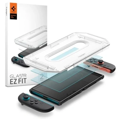 Bild av Spigen Glas.tR EZ Fit Skärmskydd kompatibel med Nintendo Switch 2 2025, Stycken, Sjabloon voor Installatiem, Kristallklart, Responsiv Touch, Case friendly, 9H härdat glas