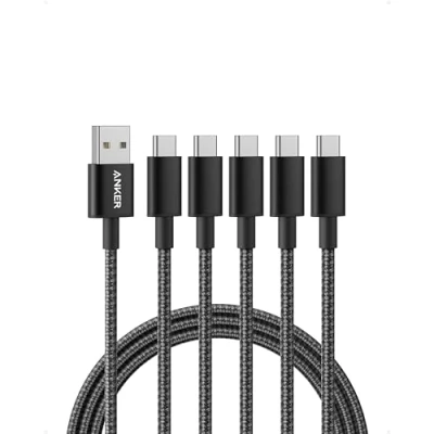 Bild av Anker USB C kabel [5 pack, 1,8 m] Dubbelflätad nylon typ laddningskabel, för Samsung Galaxy S10 / S9 S8 Note 8, LG V20 G5 G6, HTC 10, Sony XZ, Xiaomi 5 (svart)