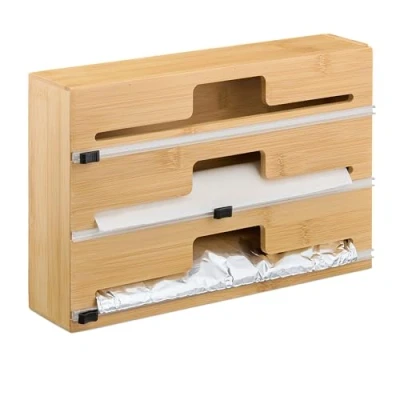 Bild av Relaxdays Foliedispenser, 3 rullar, för låda, bambu, H x B D: 21,5 33,5 8 cm, folieförvaring kök, natur