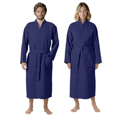 Bild av HOMELEVEL Pique badrock resebadrock 100 % bomull för kvinnor och män, morgonrock, kimono, basturock, resa, morgonkjol, piké, våffelpiké, kvinnor, Marinblå, 3XL