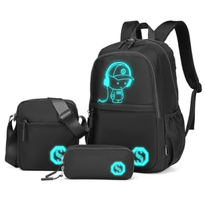 Bild av Kono Luminous Skolryggsäck 3 i 1 Set, Anime Pojkar Skolväska Axelväska Pennfodral, 15,6&quot; Laptop Ryggsäck för Studenter Tonåringar Flickor (Svart)