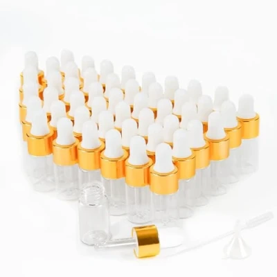 Bild av XiYee 50 pack mini pipettflaska, 3 ml/5 ml transparent glasflaska med dropppipett, för eterisk olja, aromaterapi, massage, doftoljeprov (guld st) (3 ml)