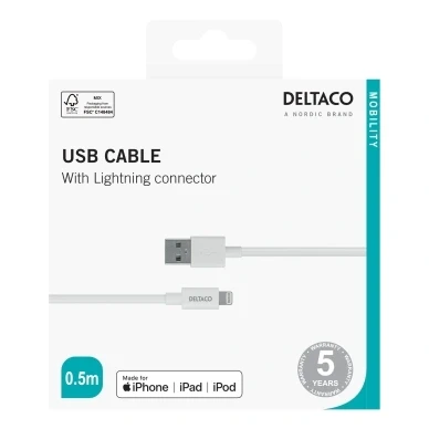 Bild av Deltaco Laddningskabel USB A till Lightning, 0,5 m, vit