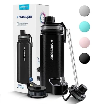Bild av Wessper Dricksflaska i Rostfritt Stål 500 ml Läckagesäker Termosflaska BPA fri med 3 Lock Zwart Håller 48h kall/24h Varm Isolerad Dubbelväggig Flaska för Sport Skola Utomhus