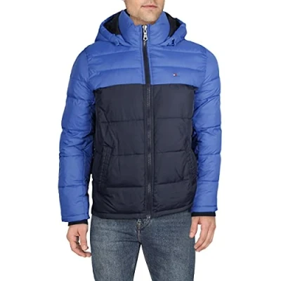 Bild av Hooded Puffer Jacket herr Down Alternative Outerwear Coat Jacket, Kungsblått färgblock, L