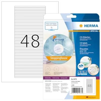 Bild av HERMA 5078 etiketter för CD box rygg A4 (114,3 x 5,5 mm, 25 ark, papper, matt) självhäftande, utskrivbara, permanenta dekaler box, 1 200 klistermärken, vit